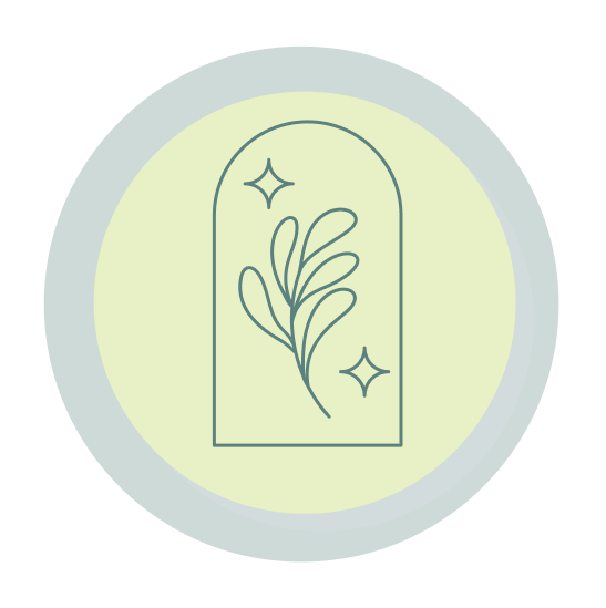 Minimalistic illustration of a plant within an arched frame, surrounded by sparkles, against a soft circular background.