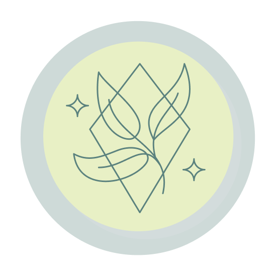 Minimalist design featuring a stylized leaf and diamond shape with decorative sparkles on a light green background.