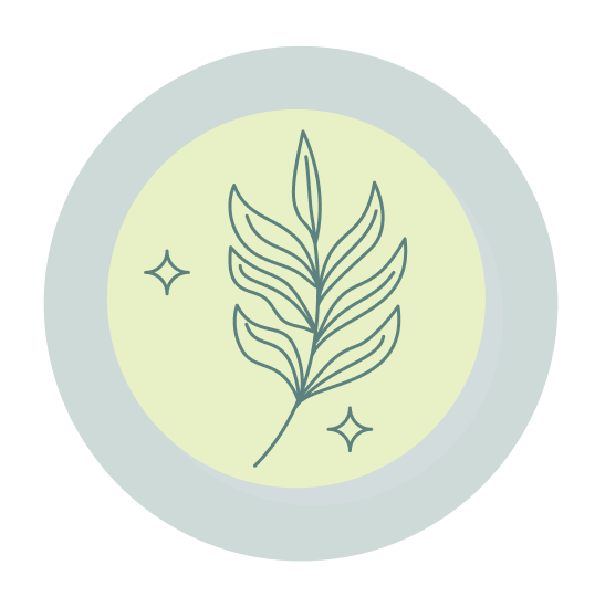 A green leaf design with sparkles, set against a circular light green background surrounded by a grey border.
